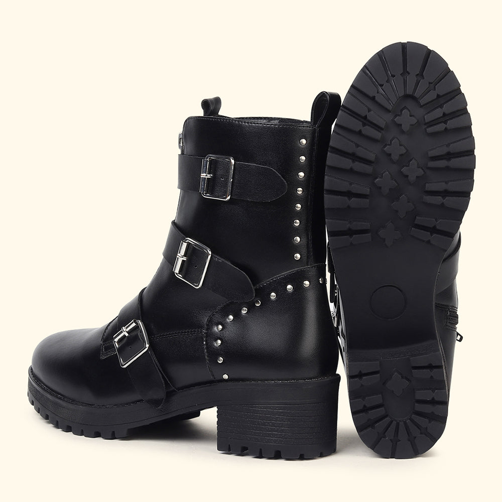 Slays Multi-Strap & Studs Combat Mid Calf boots for Women