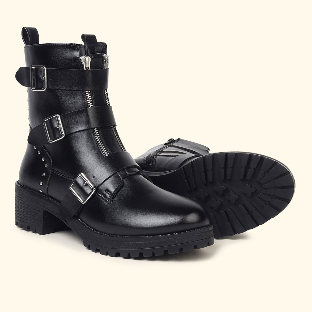 Slays Multi-Strap & Studs Combat Mid Calf boots for Women