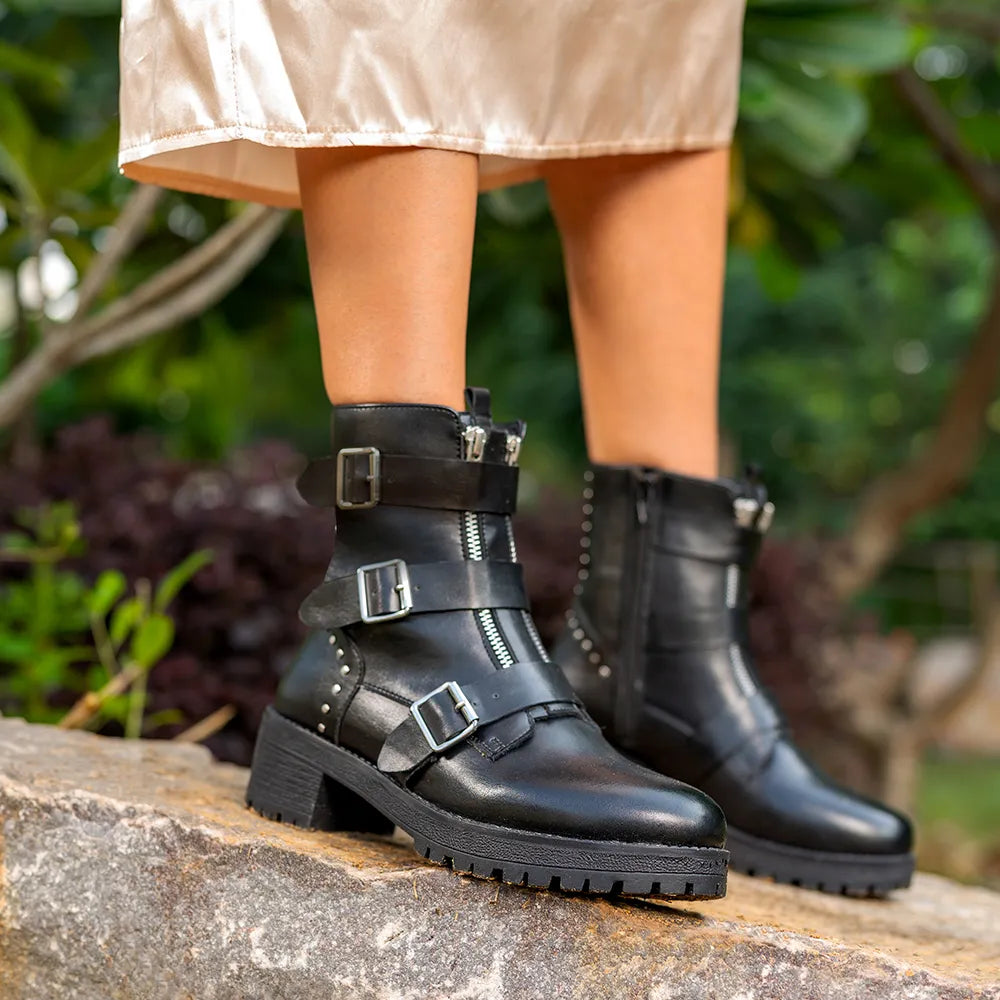 Slays Multi-Strap & Studs Combat Mid Calf boots for Women