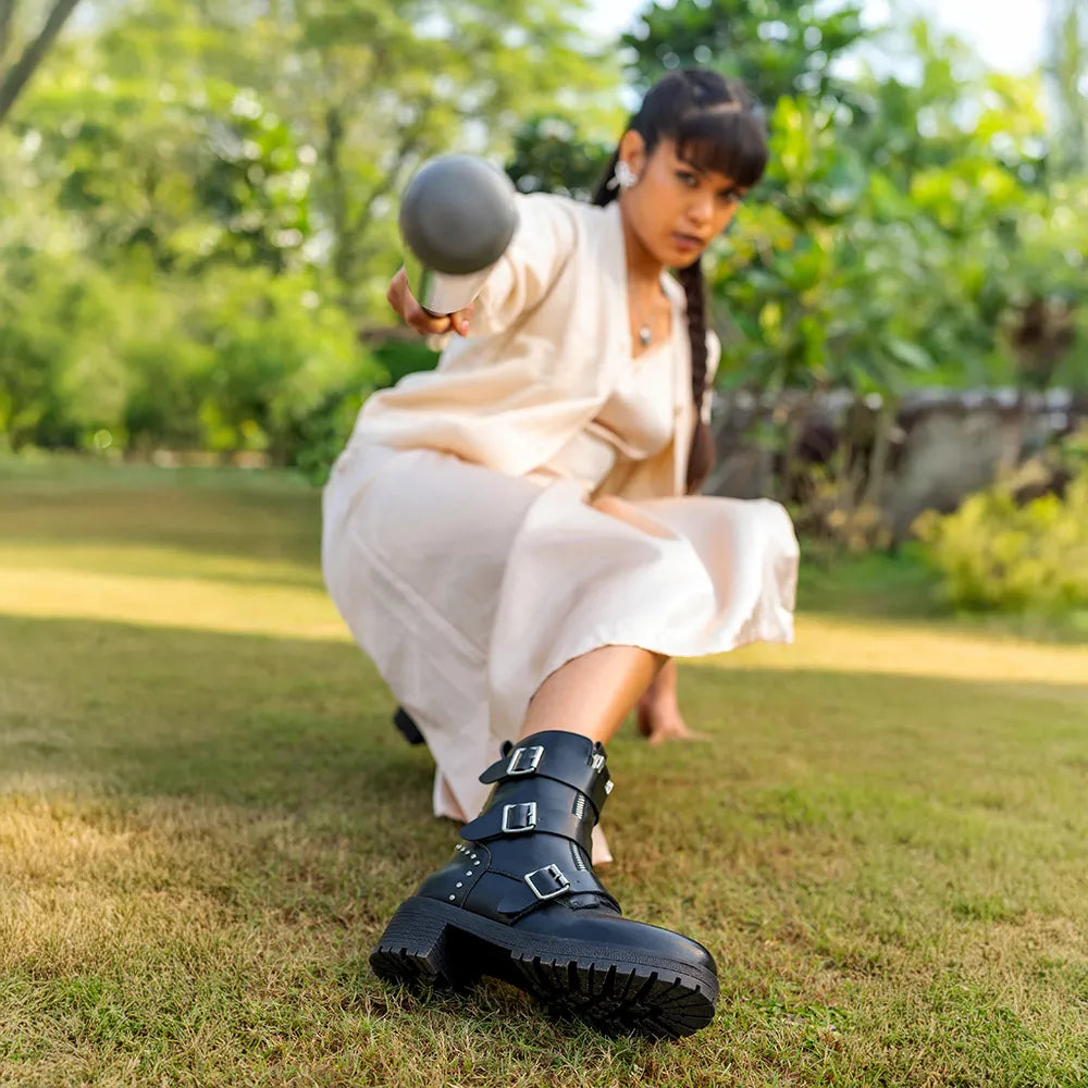 Slays Multi-Strap & Studs Combat Mid Calf boots for Women