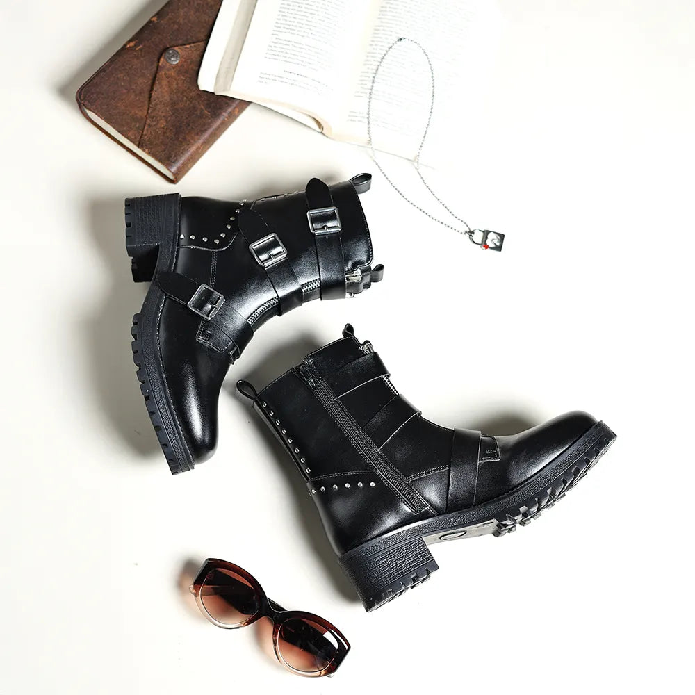Slays Multi-Strap & Studs Combat Mid Calf boots for Women